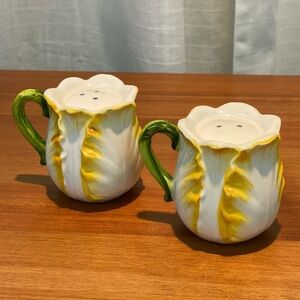 VTG Lefton Yellow Cabbage Rose Salt and Pepper Shakers Handles Cottagecore Green
